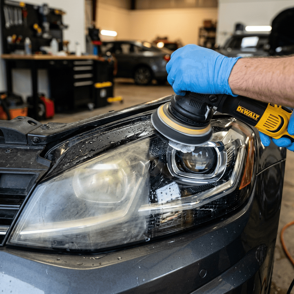 Gloved hand using a DEWALT buffer to clean a car headlight