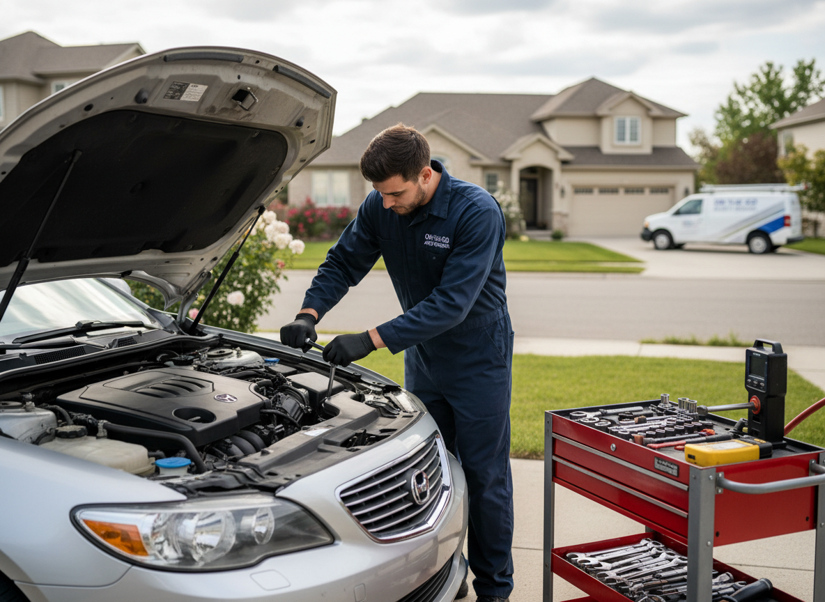 Professional mobile mechanic working on a car engine in a residential driveway